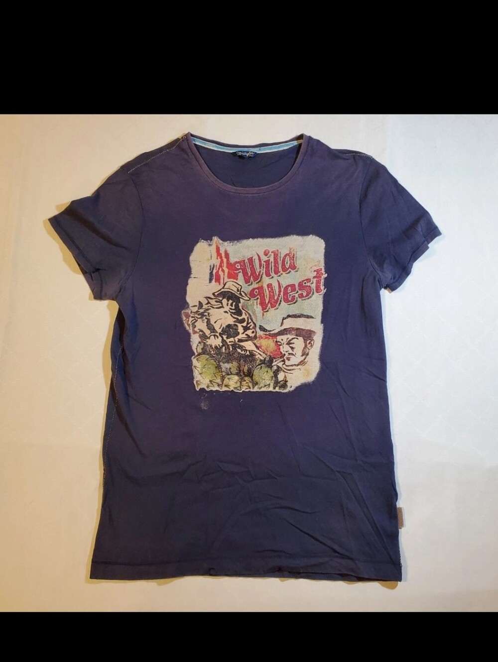 Vintage Wrangler T-Shirt Mens Medium Blue Y2K Wild West Cowboy Graphic Tee